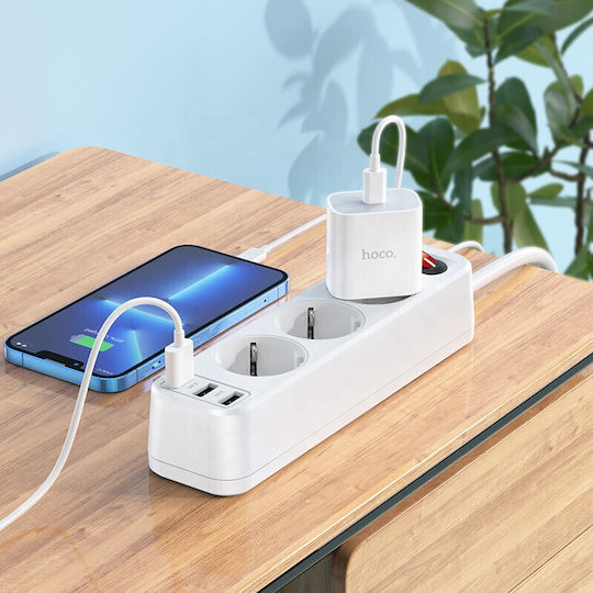 Hoco Bandă de alimentare 3 Prize cu 3 USB-A, Comutator și Cablu 1.8m