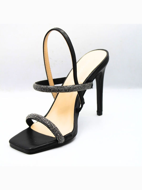 Diamantique Leather Women's Sandals with Strass Black