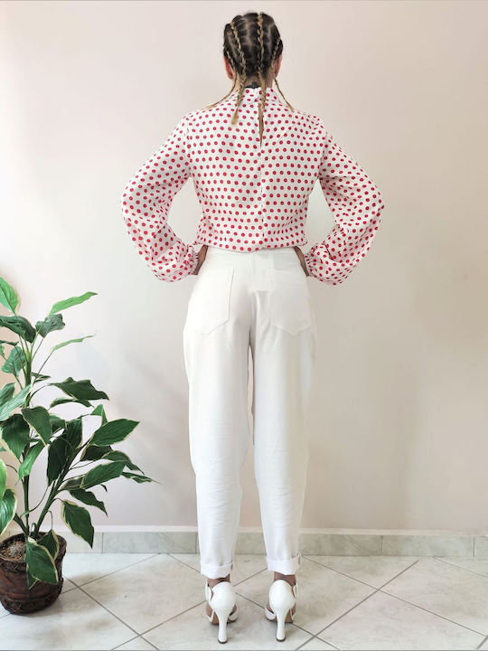 Langärmelig Damen Hemd Weiß Polka Dot