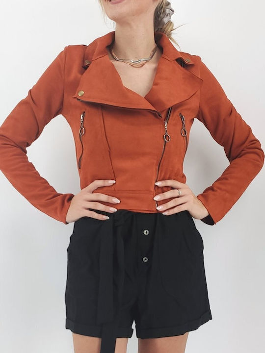 Women's Short Biker Suede Jacket for Winter Orange