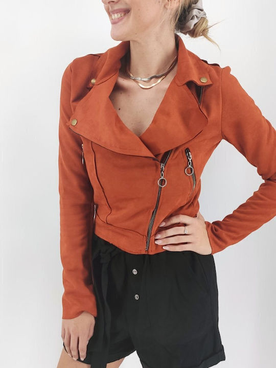 Women's Short Biker Suede Jacket for Winter Orange