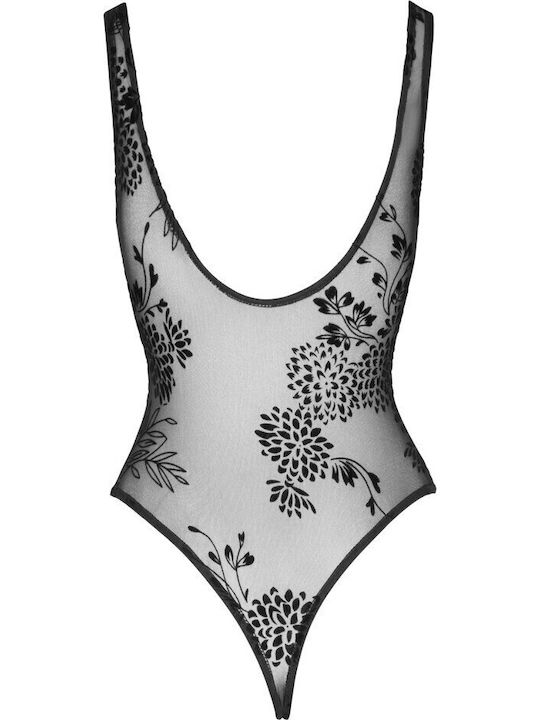 Noir Handmade Sexy Bodysuit mit Transparenz & Spitze Tüllbody mit gemusterter Flockstickerei Schwarz