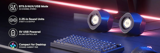 Redragon Kaidas GS590 Ασύρματα Ηχεία Υπολογιστή 2.0 με RGB Φωτισμό και Ισχύ 3W Μαύρα
