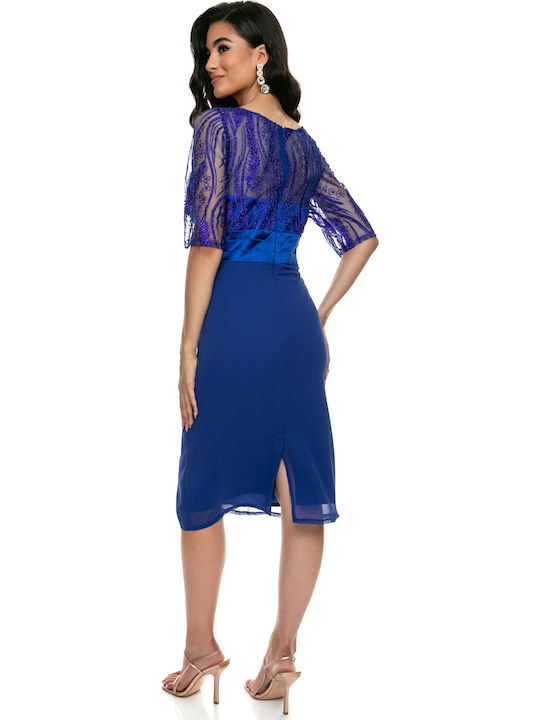 Rochii De Vară Pentru Femei Midi Rochie Pentru Nuntă / Botez Satin Cu Dantelă Albastră