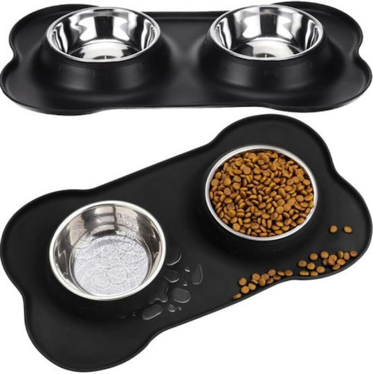 Purlov Stainless Steel Bowl Food & Water for Dog & Cat with Base 2x 450ml 13cm in Black Color