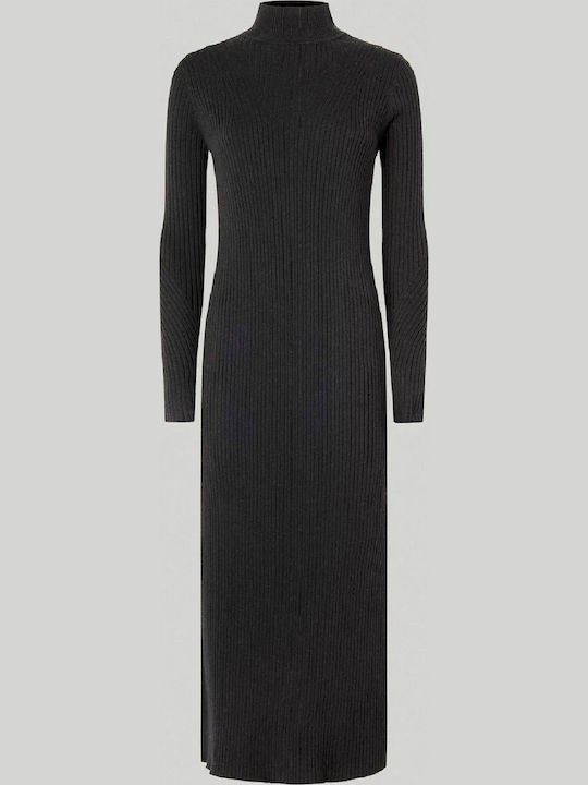 Dalia Midi Dress Knitted Turtleneck with Tearing Black