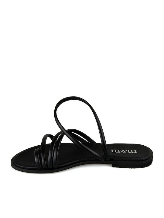 Leather Women's Flat Sandals with Strap in Black Color
