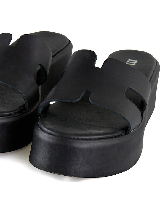 Δερμάτινα Γυναικεία Σανδάλια Flatforms Μαύρα
