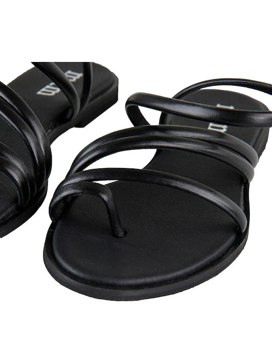 Leather Women's Flat Sandals with Strap in Black Color