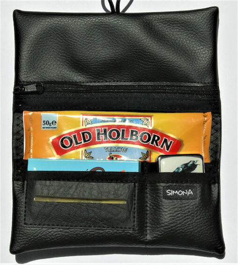Simona Handgemacht Lederne Tabaktasche in Schwarz mit Schnur 16x10cm