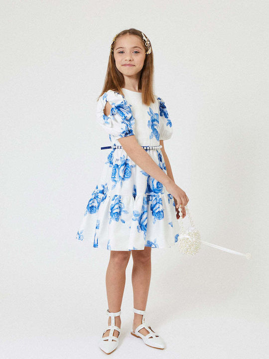 Monnalisa Kids Dress Floral Short Sleeve Ecru