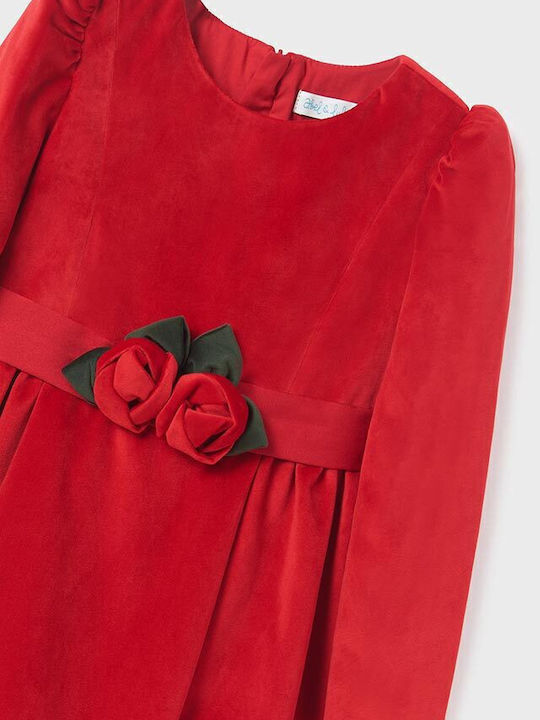 Mädchenkleid Langärmelig Samt Set aus 2 mit Zubehör Rot