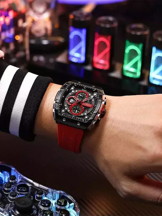 Curren Ανδρικό Ρολόι 47mm Χρονογράφος Μπαταρίας με Κόκκινο Καουτσούκ Λουράκι
