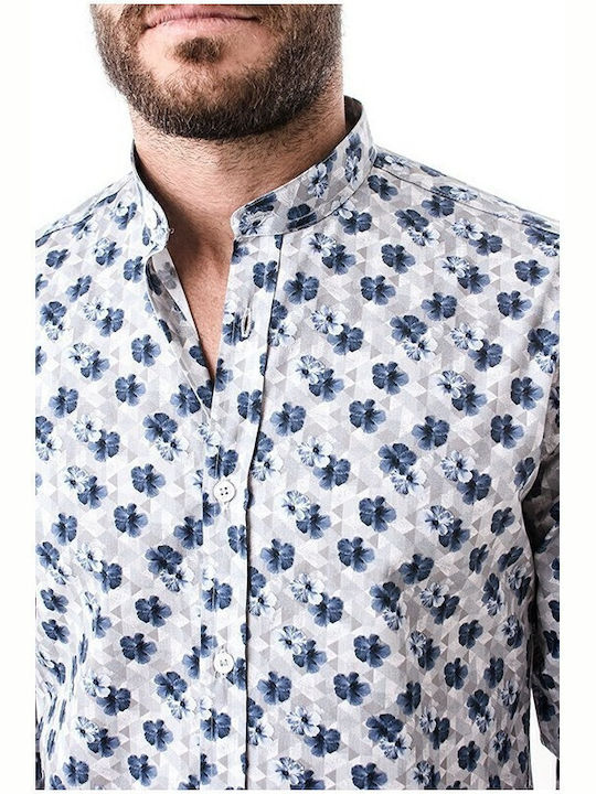 Long-sleeved Linen Shirt Floral Light Blue