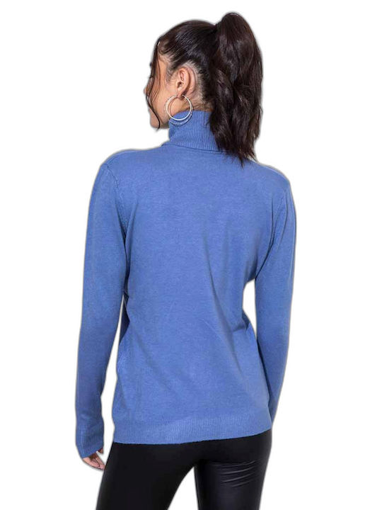 Cento Fashion Damen Langarm Pullover Rollkragen Blau