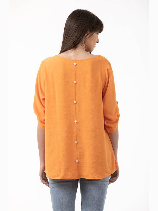 Simple Fashion Damen Sommer Bluse Satin mit 3/4 Ärmel Orange