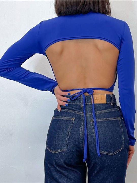 Women's Crop Top Turtleneck Long Sleeve Blue