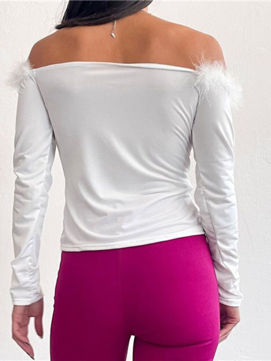 Μακρυμάνικη Γυναικεία Μπλούζα Off-Shoulder Λευκή