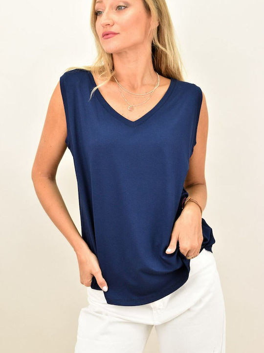 First Woman Women's Summer Blouse Sleeveless with V Neckline Navy Blue