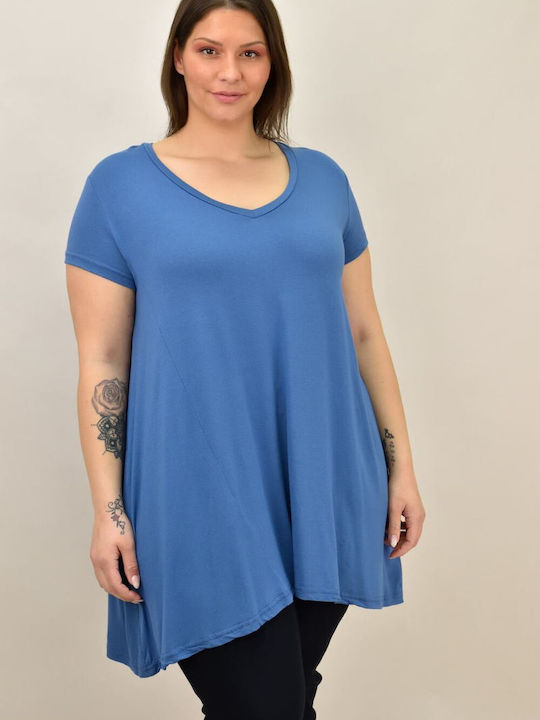 First Woman Women's Summer Blouse Short Sleeve with V Neck Blue