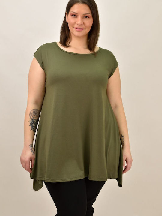 First Woman Women's Summer Blouse Short Sleeve with V Neckline Khaki