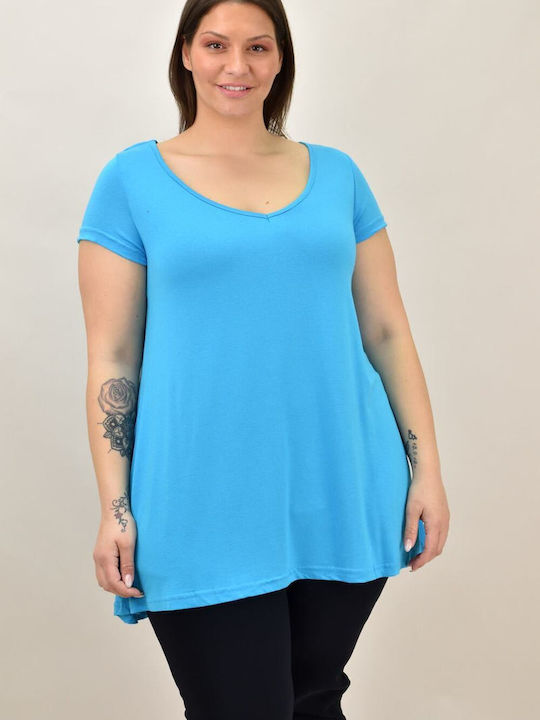 First Woman Women's Oversized T-shirt with V Neckline Blue