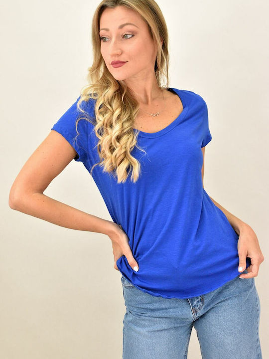 First Woman Γυναικείο T-shirt με V Λαιμόκοψη Μπλε