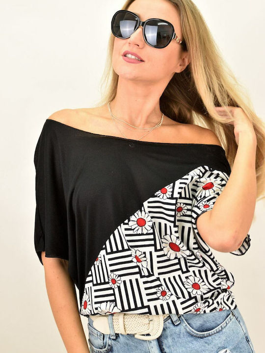 Women's Summer Blouse Off-Shoulder with 3/4 Sleeve Black