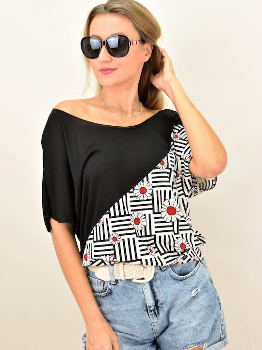 Women's Summer Blouse Off-Shoulder with 3/4 Sleeve Black