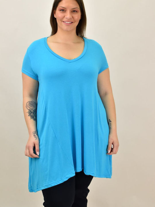 First Woman Women's Summer Blouse Short Sleeve with V Neckline Light Blue