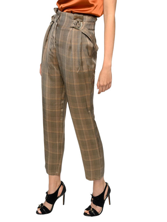 Pinko Women's High Waist Fabric Trousers Checked Brown