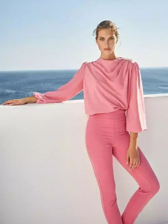 Women's High-waisted Fabric Trousers Slim Fit Pink