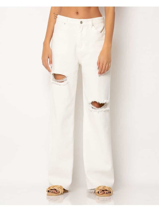 Noobass High Waist Women's Jean Trousers in Wide Line White