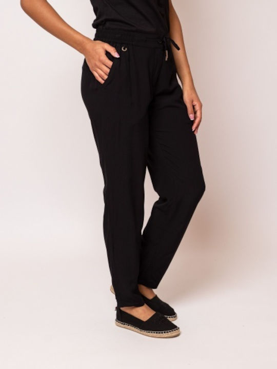 Damen Stoff Hose mit Gummizug Schwarz