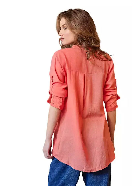 Cento Fashion Women's Linen Long Sleeve Shirt Orange