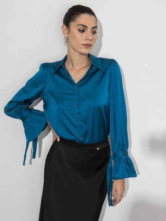 Cento Fashion Langärmelig Damen Satin Hemd Blau Monochrom