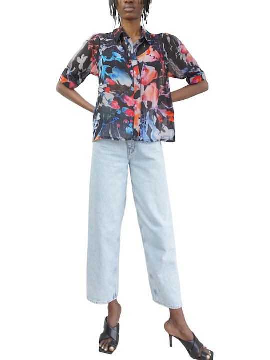 Women's Floral Short Sleeve Shirt Black