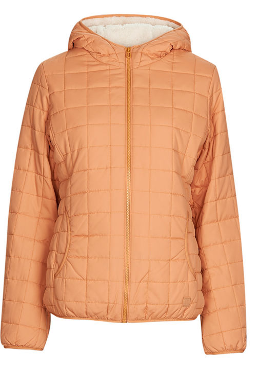 Women's Short Puffer Jacket for Winter with Hood Orange