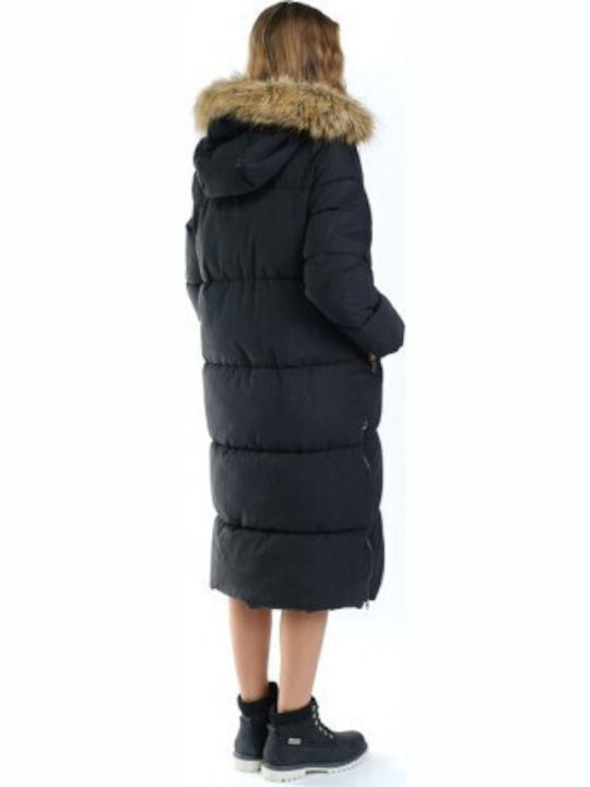 Devergo Women's Long Puffer Jacket for Winter with Hood Black