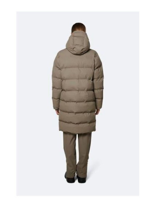 Rains Women's Long Puffer Jacket for Winter with Hood Beige