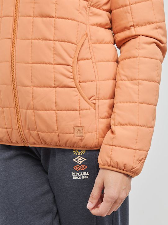Women's Short Puffer Jacket for Winter with Hood Orange
