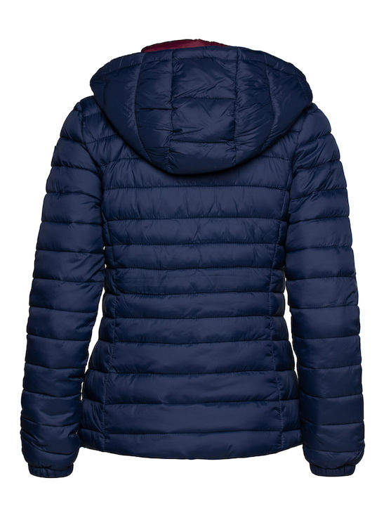 Heavy Tools Women's Short Puffer Jacket for Winter with Hood Navy Blue