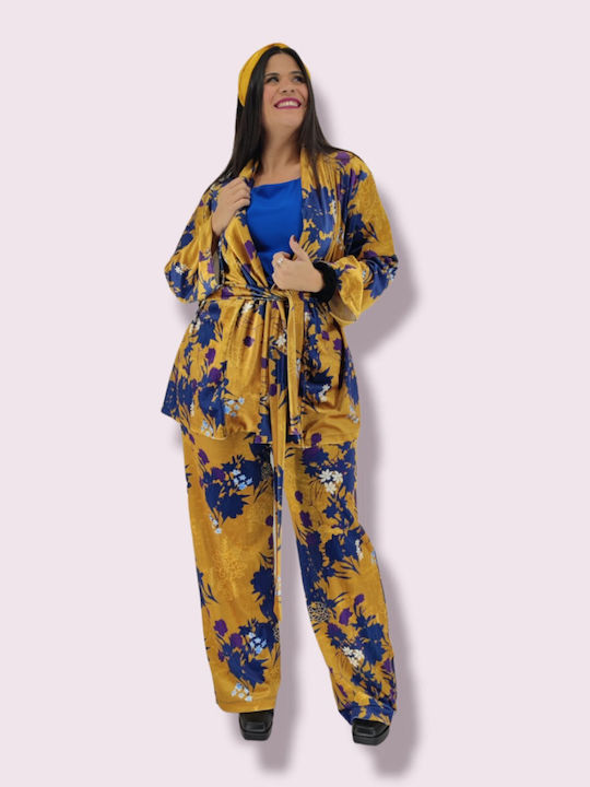 Honey Women's Yellow Set with Trousers with Elastic in Loose Fit Floral