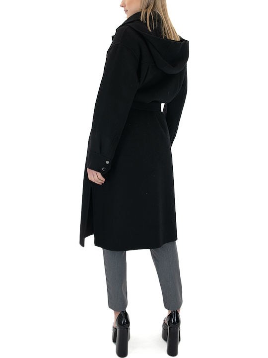Μάλλινο Γυναικείο Μαύρο Overshirt με Κουκούλα