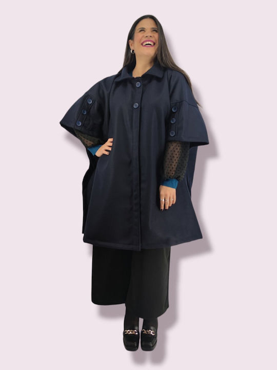 Honey Women's Midi Cape with Buttons Blue