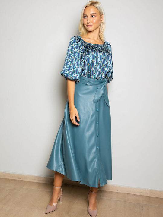 Queen Fashion Leather High Waist Midi Skirt in Blue color