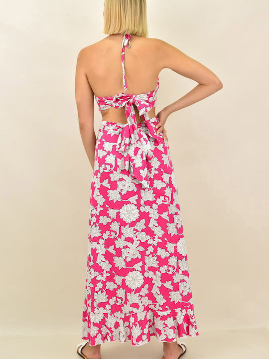 Set cu Cu talie înaltă Maxi Fustă Floral Fuchsia