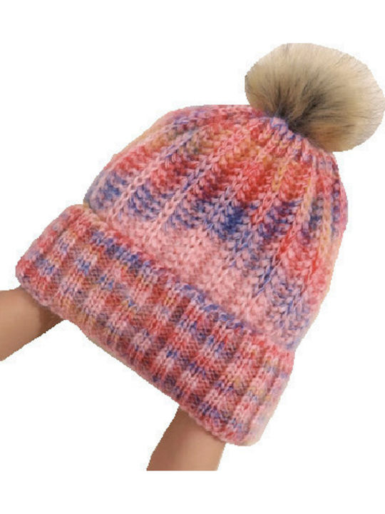 Pom Pom Beanie Unisex Σκούφος με Rib Πλέξη σε Ροζ χρώμα