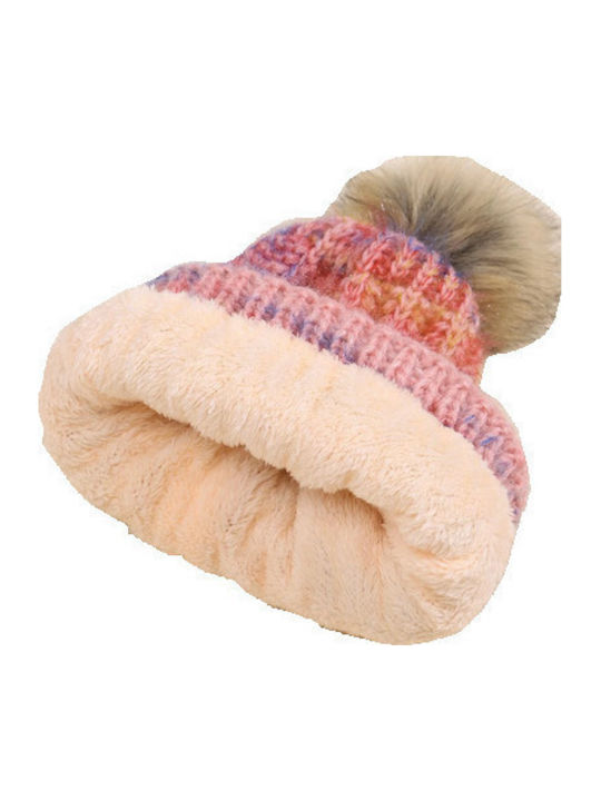 Pom Pom Beanie Unisex Σκούφος με Rib Πλέξη σε Ροζ χρώμα