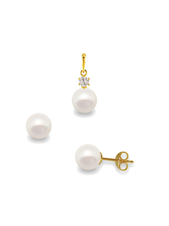 Margaritari Gold Set Earrings & Pendant with Stones and Pearls 14K